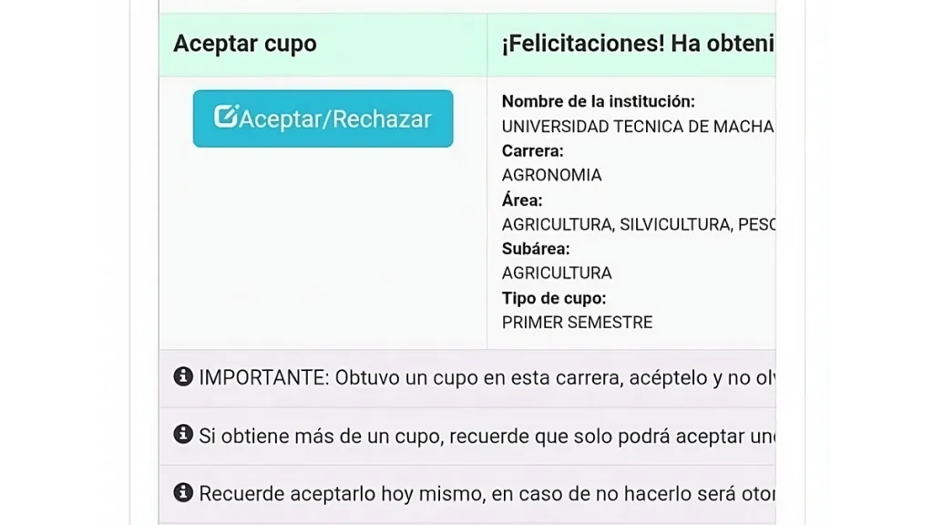 Qué pasa si no acepto un cupo en la universidad